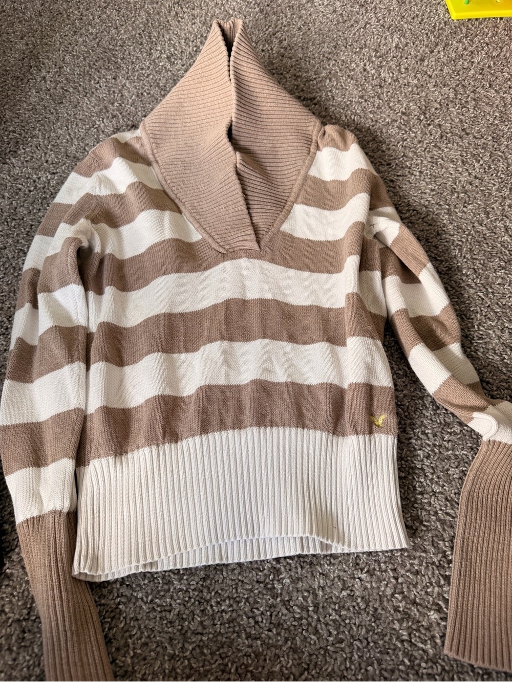 American Eagle - Striped Shawl Collar Sweater - Cream & Tan